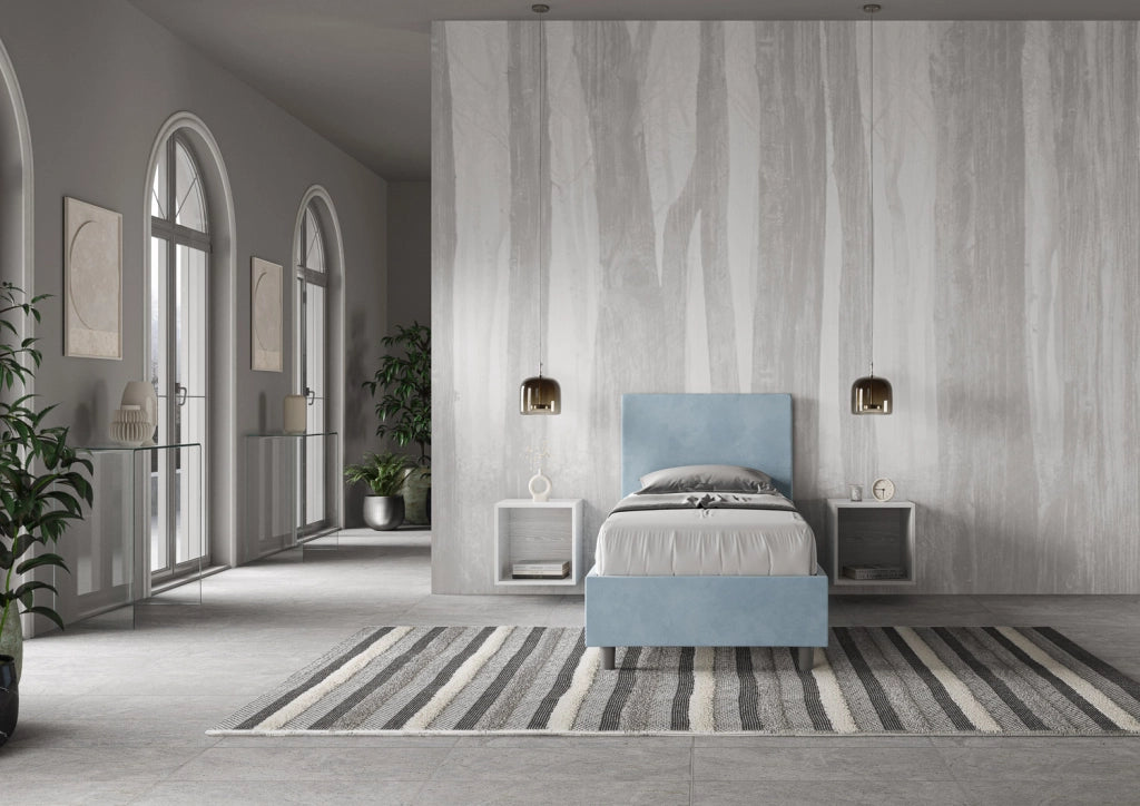 Letto Singolo Imbottito in Microfibra 100x210 Con Rete Adele Azzurro