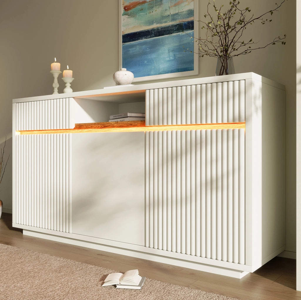Sideboard Weiß 140x40x85 cm mit LED-Beleuchtung, Kommode mit 2 Schubladen und 3 Türen, verstellbare Einlegeböden aus MDF und Spanplatte