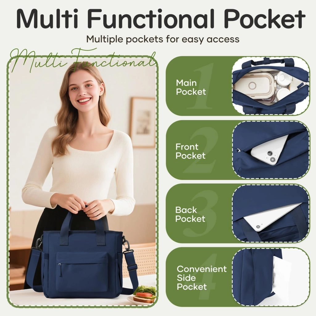 Borsa termica per il pranzo, formato A5, blu navy, con tracolla, dimensioni 33x15x28 cm