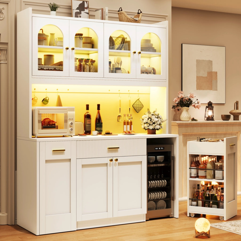Mobile alto da cucina IVMEU 120x40x187 cm con 3 vetrine, cassetti, ripiani laterali estraibili e LED RGB, bianco