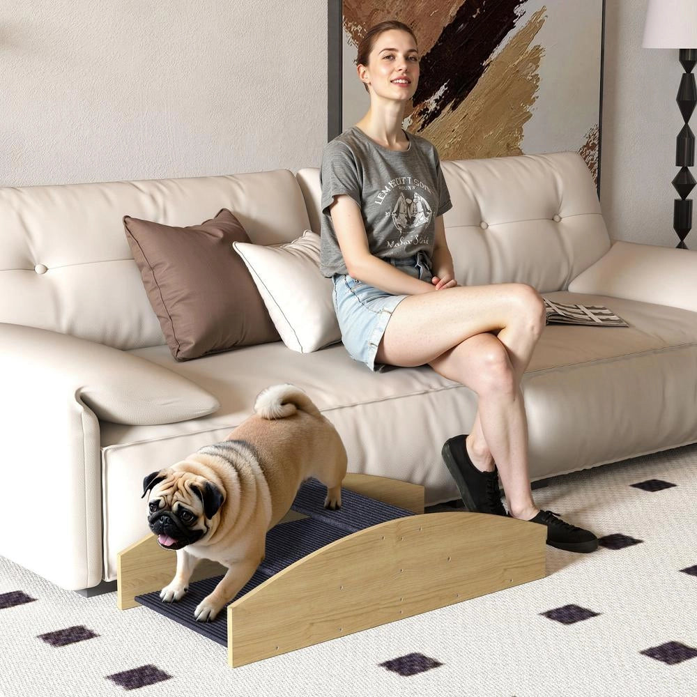 Scaletta per Cani 3 Gradini e Altalena Agility 2 in 1 Reversibile in Legno Naturale, Rampa Antiscivolo per Animali 80x39,5x20cm