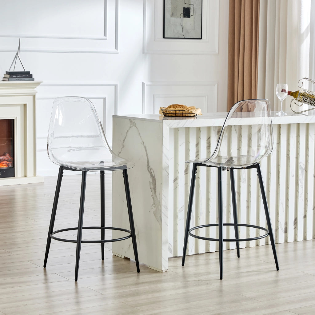 Set di 2 sgabelli da bar con schienale trasparente in metallo e plastica nero e trasparente