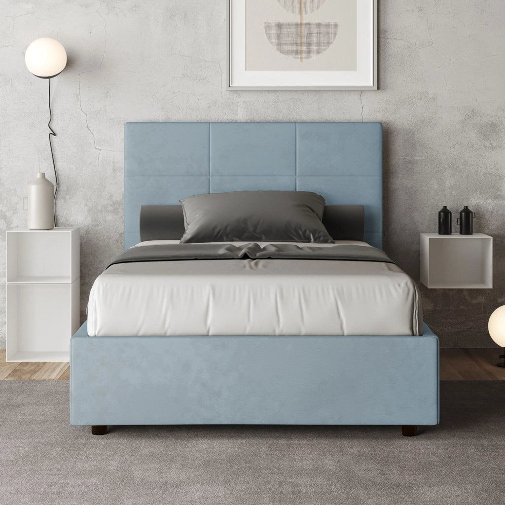 Letto una Piazza e Mezza Imbottito in Microfibra 130x190 Con Rete Mika Azzurro