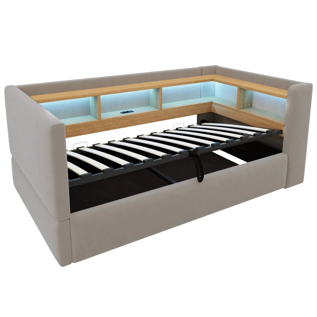 Divano Letto Singolo 90x190 cm con Contenitore Idraulico, LED e Prese, Tessuto Scuro
