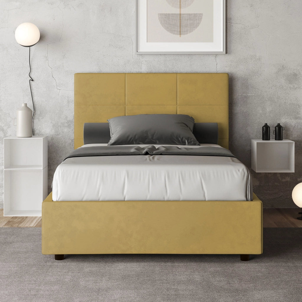 Letto una Piazza e Mezza Imbottito in Microfibra 120x190 Con Rete e Contenitore Mika Ocra