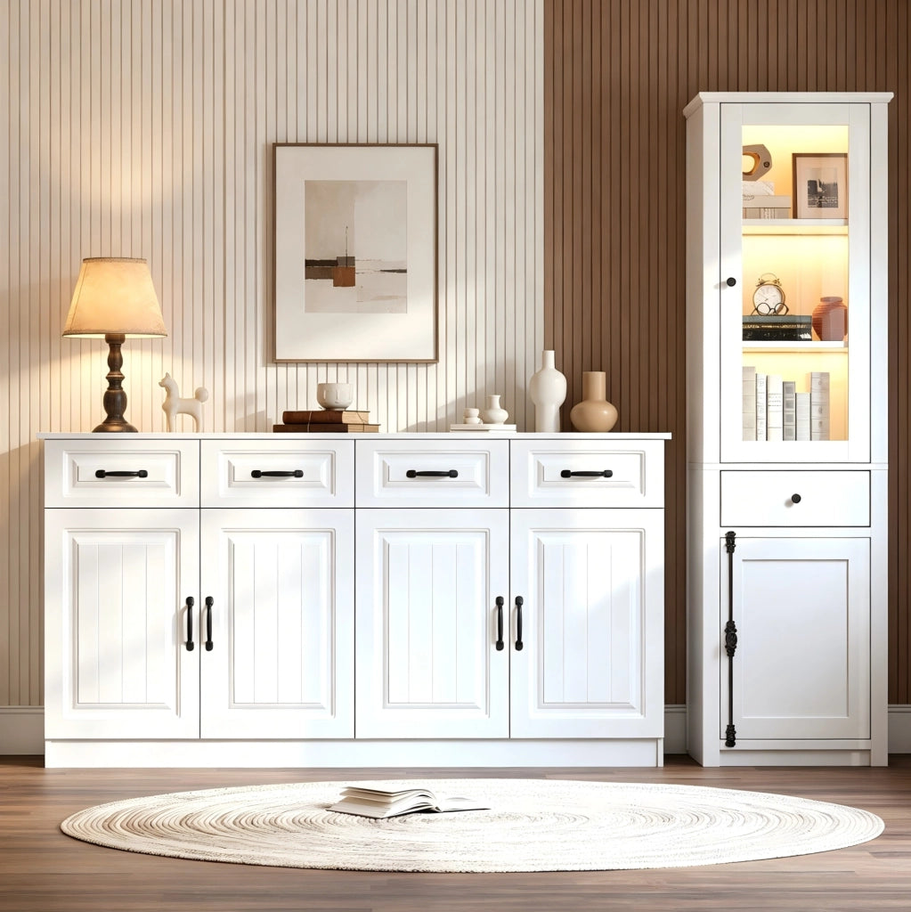 Set di 2 mobili IVMEU: madia 160x35x80 cm e vetrina 55x40x200 cm, bianchi con illuminazione LED per soggiorno