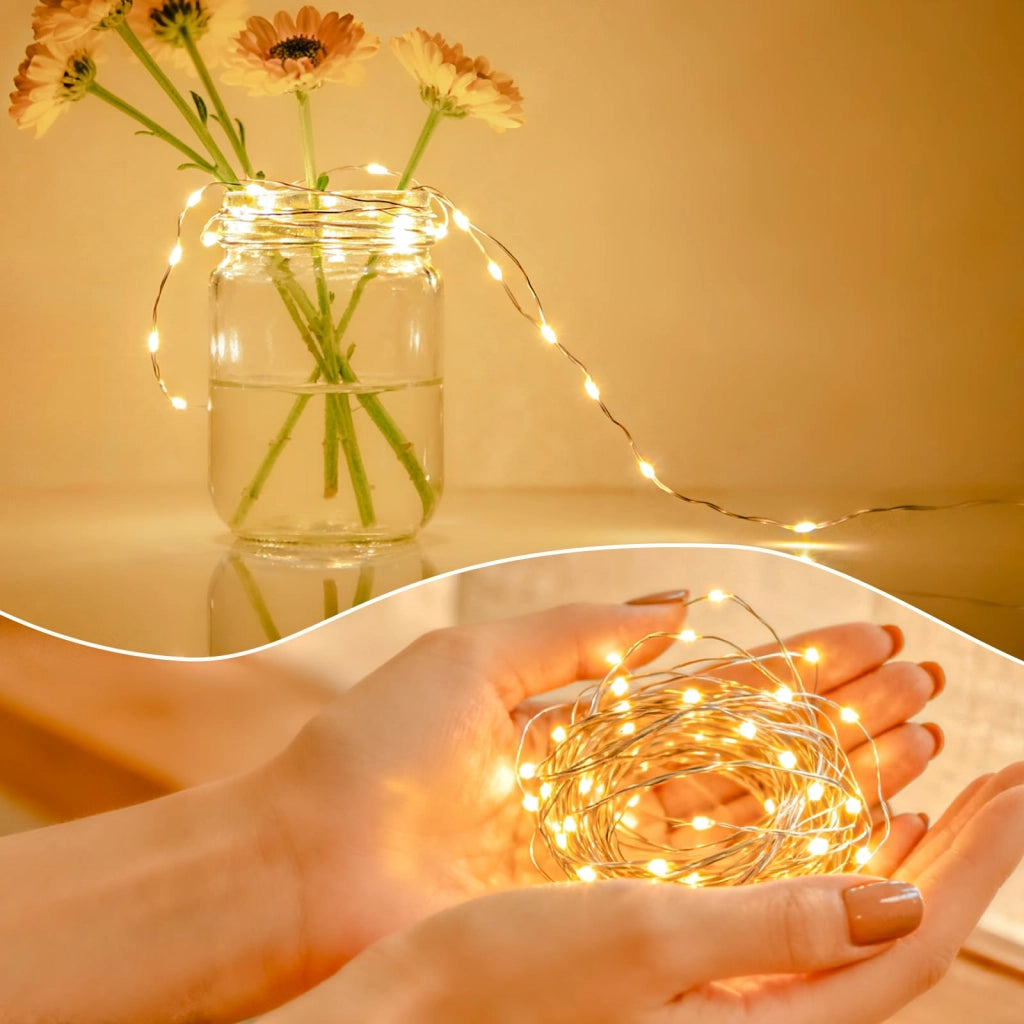 Catena luminosa a LED con timer, confezione da 6 pezzi, lunghezza 2 metri, 20 LED, luce bianco caldo