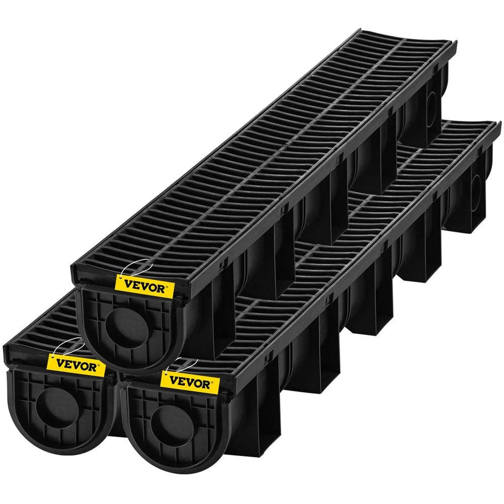 Per giardino e garage: sistema di drenaggio a trincea HDPE nero PSG100*100 15 x 13 x 100 cm, confezione da 3 con griglia rimovibile e 3 tappi