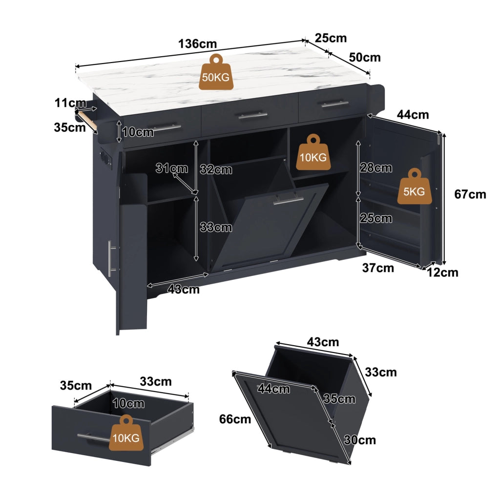 Isola cucina mobile in MDF con piano ribaltabile, carrello con 3 ampi cassetti, 2 ripiani a porta e vano per bidone, 136 × 50 (75) × 92 cm