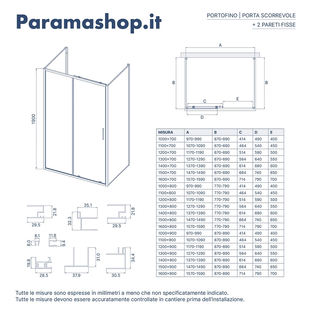 Box doccia tre lati 90x130x90cm con porta scorrevole profili oro spazzolato vetro 6mm trasparente anticalcare h190| Portofino