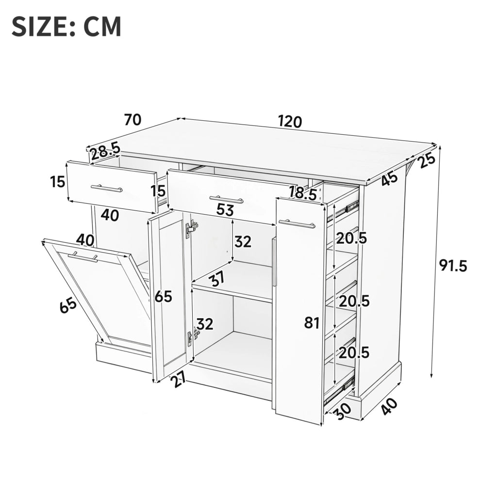 Isola da cucina 120 cm con piano ribaltabile, mobile nero con vano pattumiera, scaffale estraibile e 3 cassetti