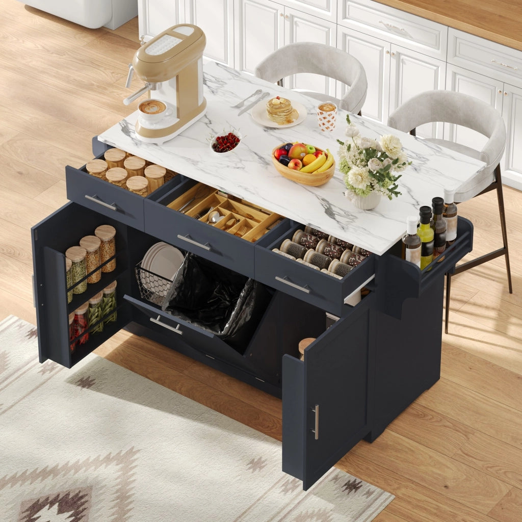 Isola cucina mobile in MDF con piano ribaltabile, carrello con 3 ampi cassetti, 2 ripiani a porta e vano per bidone, 136 × 50 (75) × 92 cm