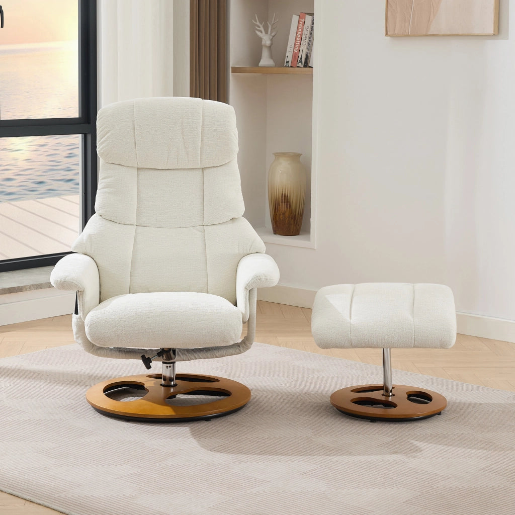 Poltrona relax girevole 360° con massaggio; riscaldamento e poggiapiedi; reclinabile 140°; ciniglia bianca