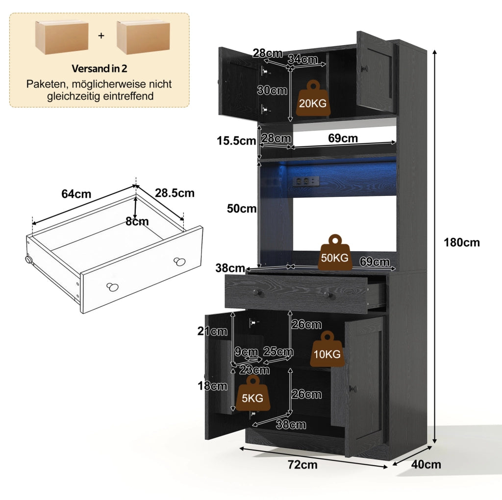 Mobile alto da cucina nero 72 × 40 × 180 cm con LED e prese USB