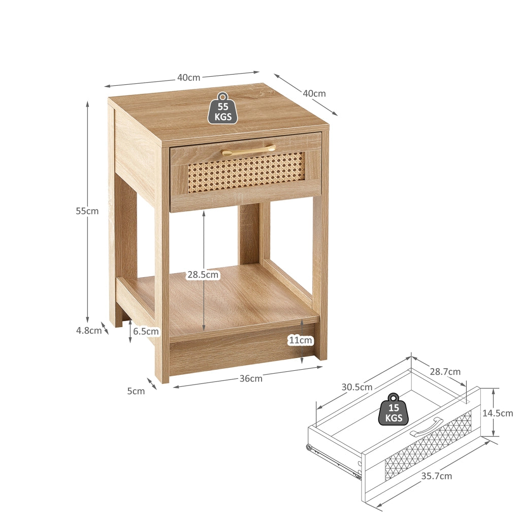 Comodino con 1 cassetto, finitura effetto rattan, in MDF naturale, per camera da letto e soggiorno, 40 × 40 × 55 cm