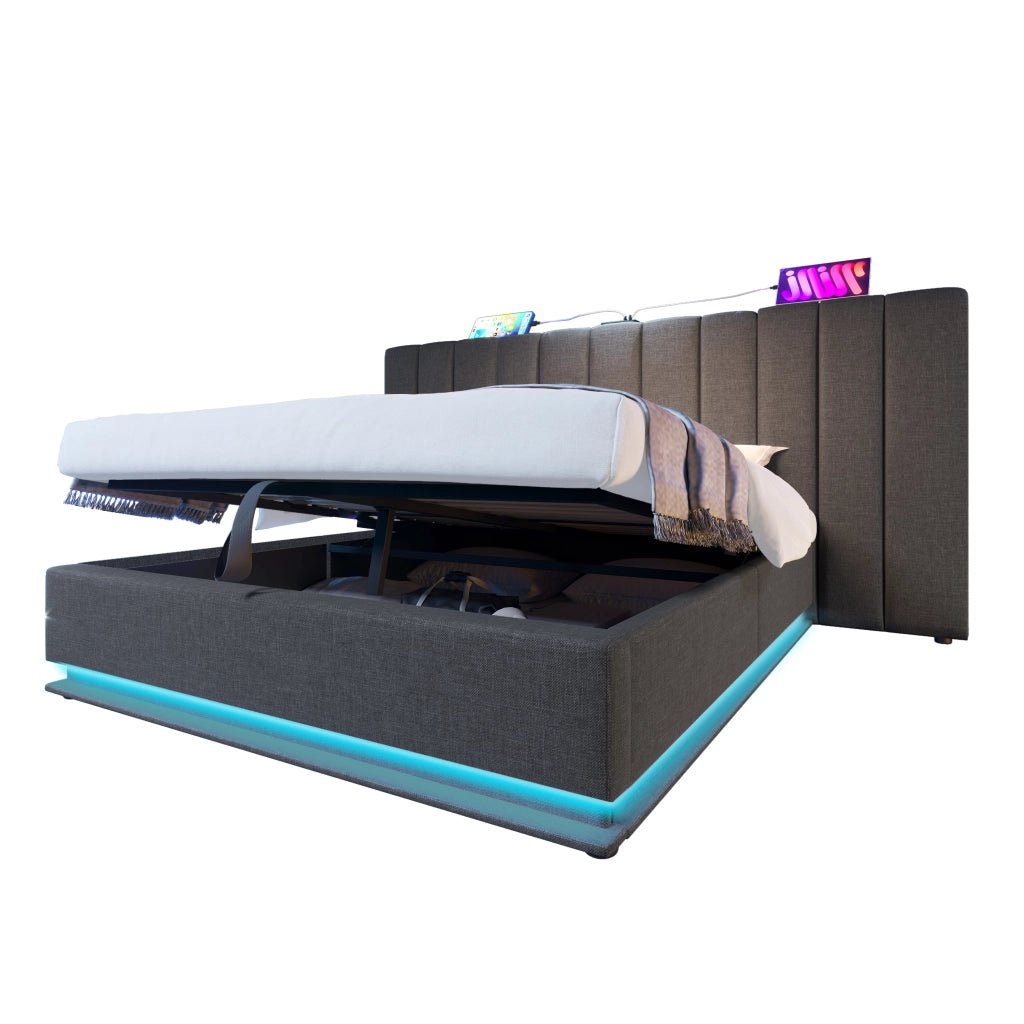 Letto Contenitore 160 x 200 cm, Letto Matrimoniale - LED, 3 USB e Type-C - in Lino Grigio
