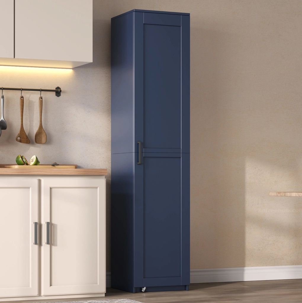Armadio alto blu in MDF con ripiani regolabili e vani nell’anta, 40 × 40 × 183 cm