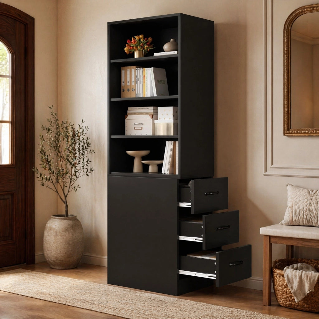 Libreria alta 60x38x180 cm con 3 cassetti laterali e 4 vani regolabili; pannello truciolare nero
