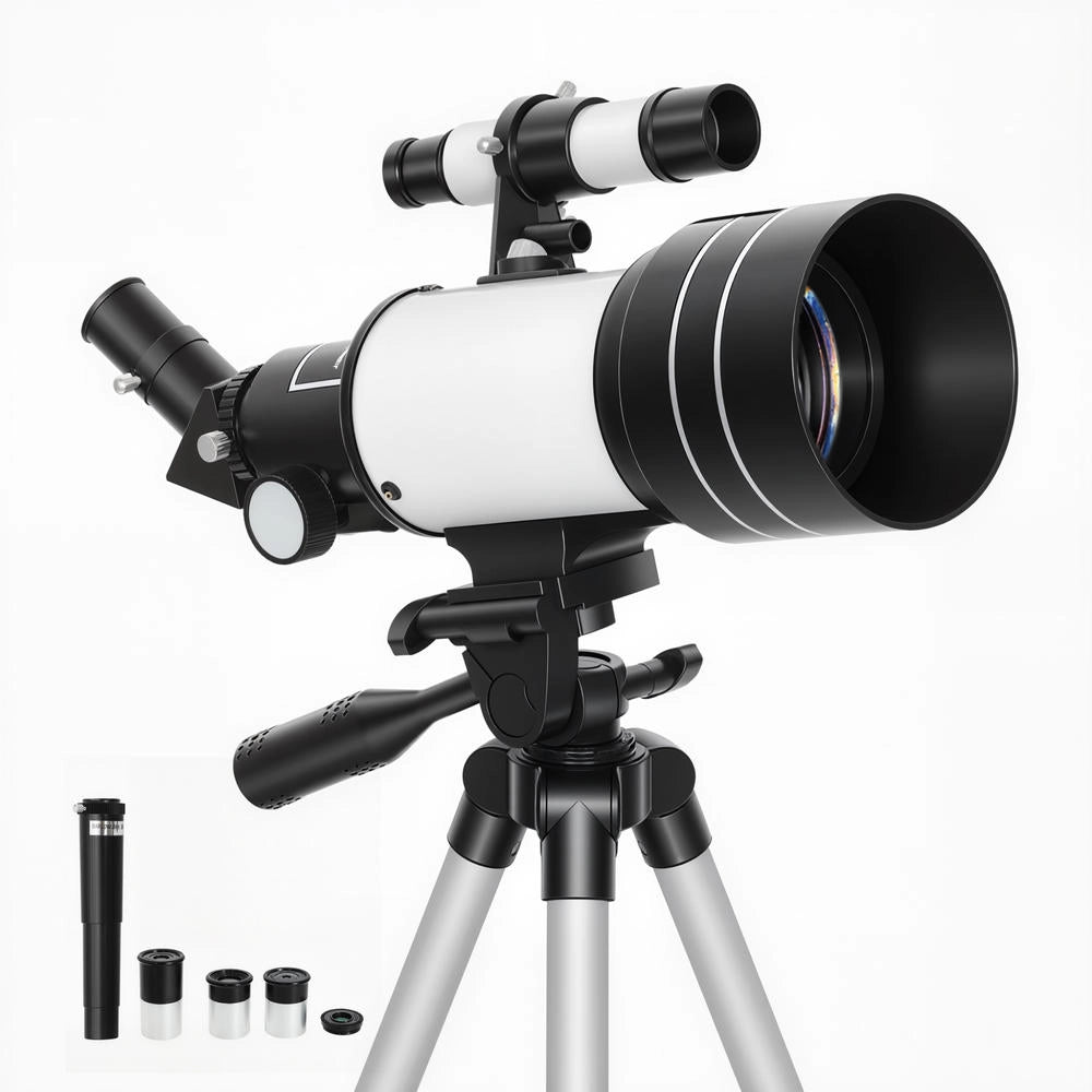 Telescopio Astronomico Rifrattore 70 mm con 3 Oculari 100X 50X 30X, Montatura AZ 300 mm, 76x76x133 cm, Bianco