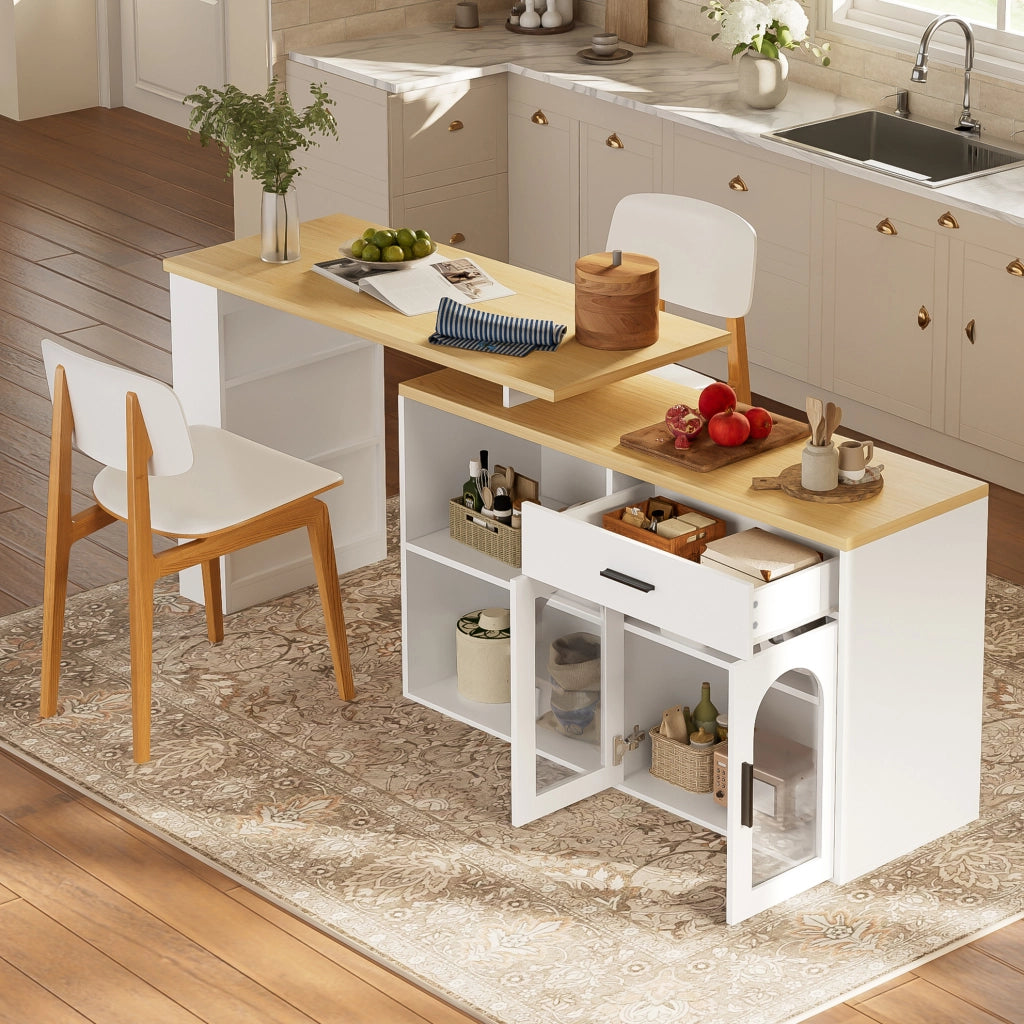 Isola cucina fissa con piano girevole a 360°, mobile contenitore, tavolo bar con cassetto e mensole, sideboard bianco L 136 x P 50 x H 78 cm