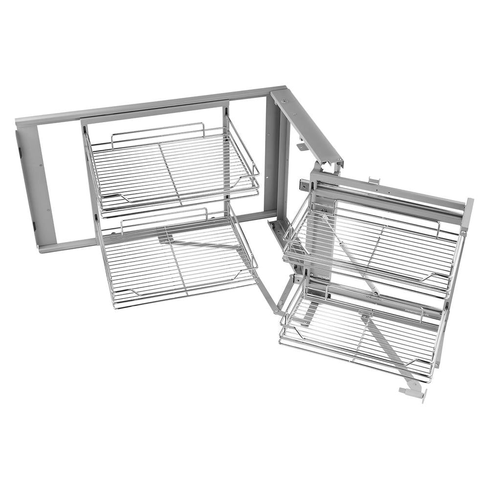 Organizzatore per Angolo Cieco Estraibile, 2 Livelli e 4 Ripiani, Cestino Portaoggetti Acciaio Cromato Pratico per Mobile Cucina, 860 x 535 x 560 mm