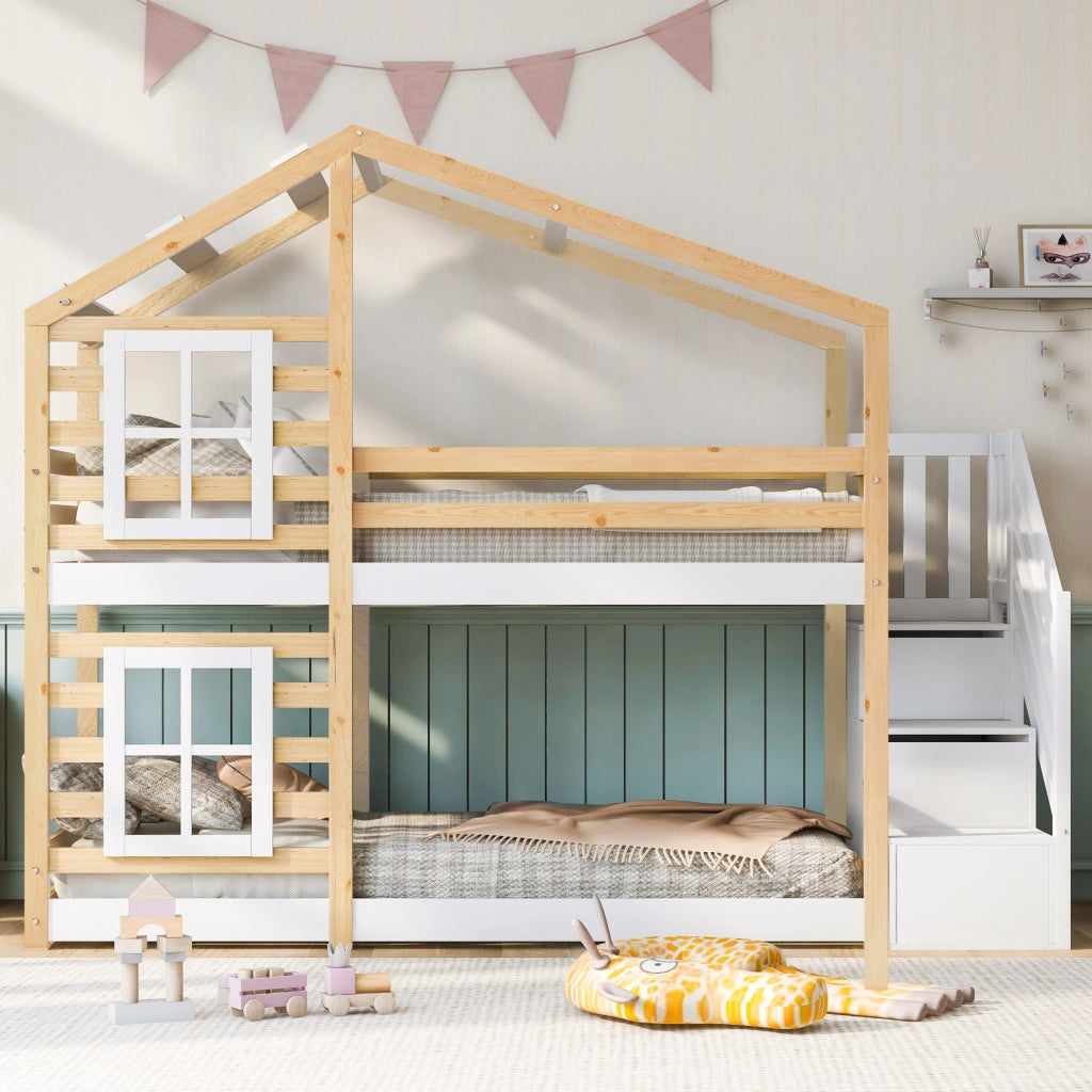 Letto a castello per bambini 90x200 cm; a casetta con scala contenitore; in pino; bianco e naturale; senza materasso
