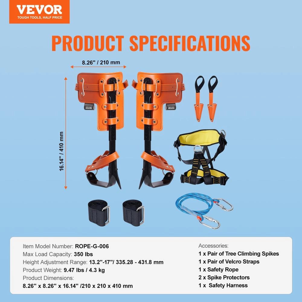 Set ramponi per arrampicata su alberi in lega di acciaio arancione regolabile con imbracatura carico 158,75 kg ROPE-G-006