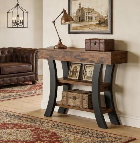 Consolle ingresso 105x30x80 cm con 3 ripiani in MDF e metallo; nero e marrone rustico