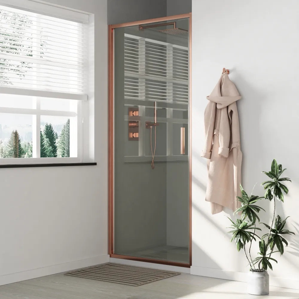 Porta doccia 90cm con apertura a battente profili slim rame spazzolato vetro 6mm trasparente anticalcare h190 | Portofino