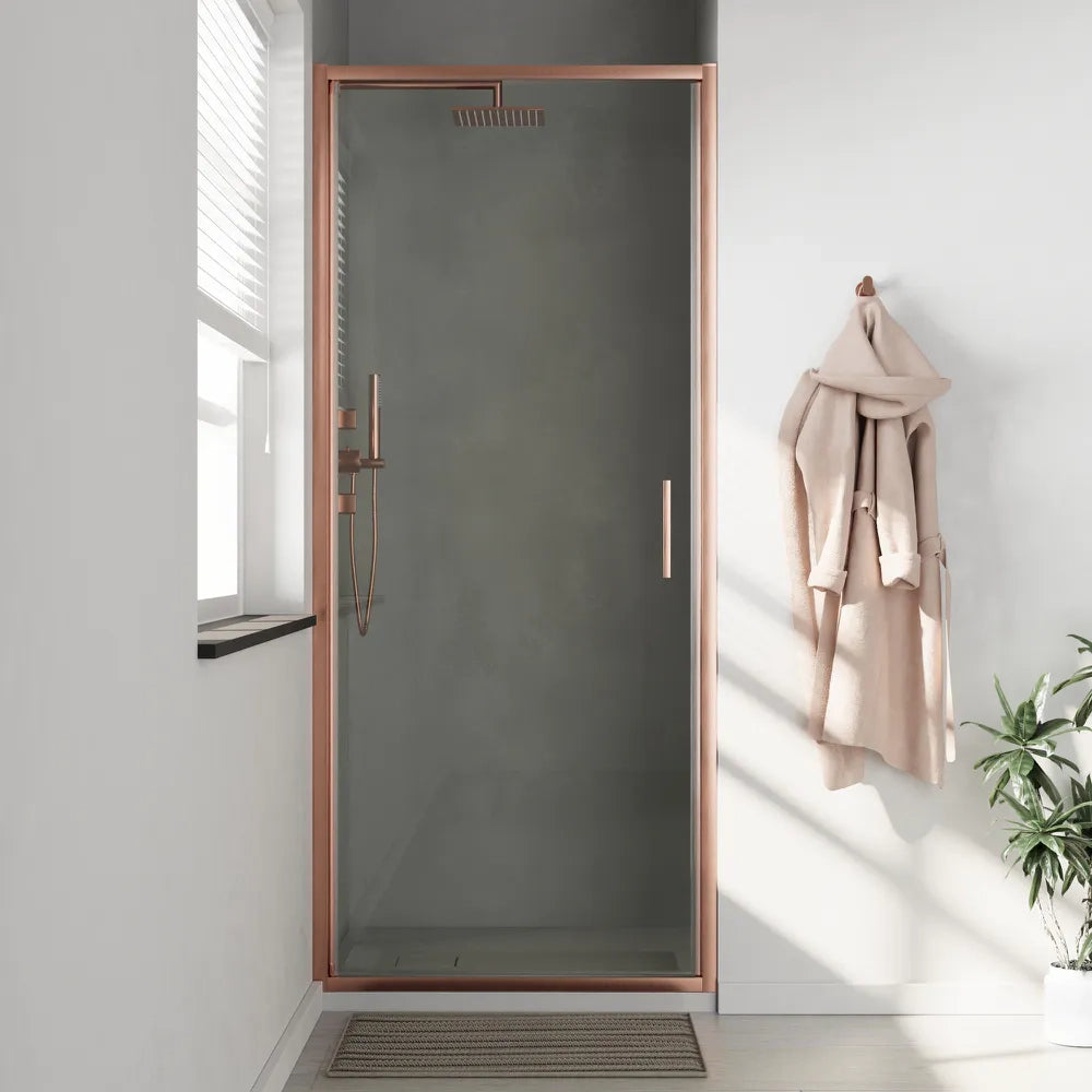 Porta doccia 90cm con apertura a battente profili slim rame spazzolato vetro 6mm trasparente anticalcare h190 | Portofino