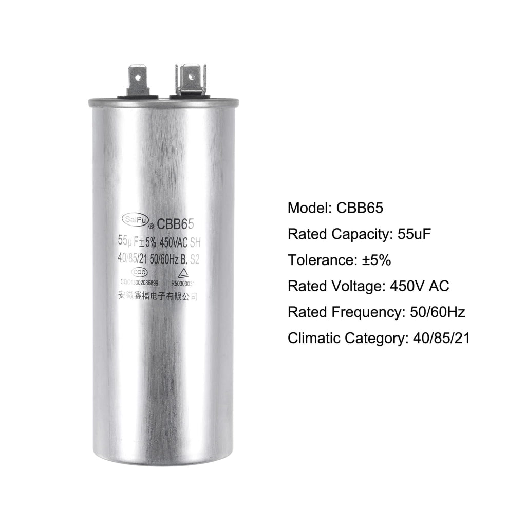 Condensatore rotativo CBB65, 55 µF, 450 V AC, alluminio