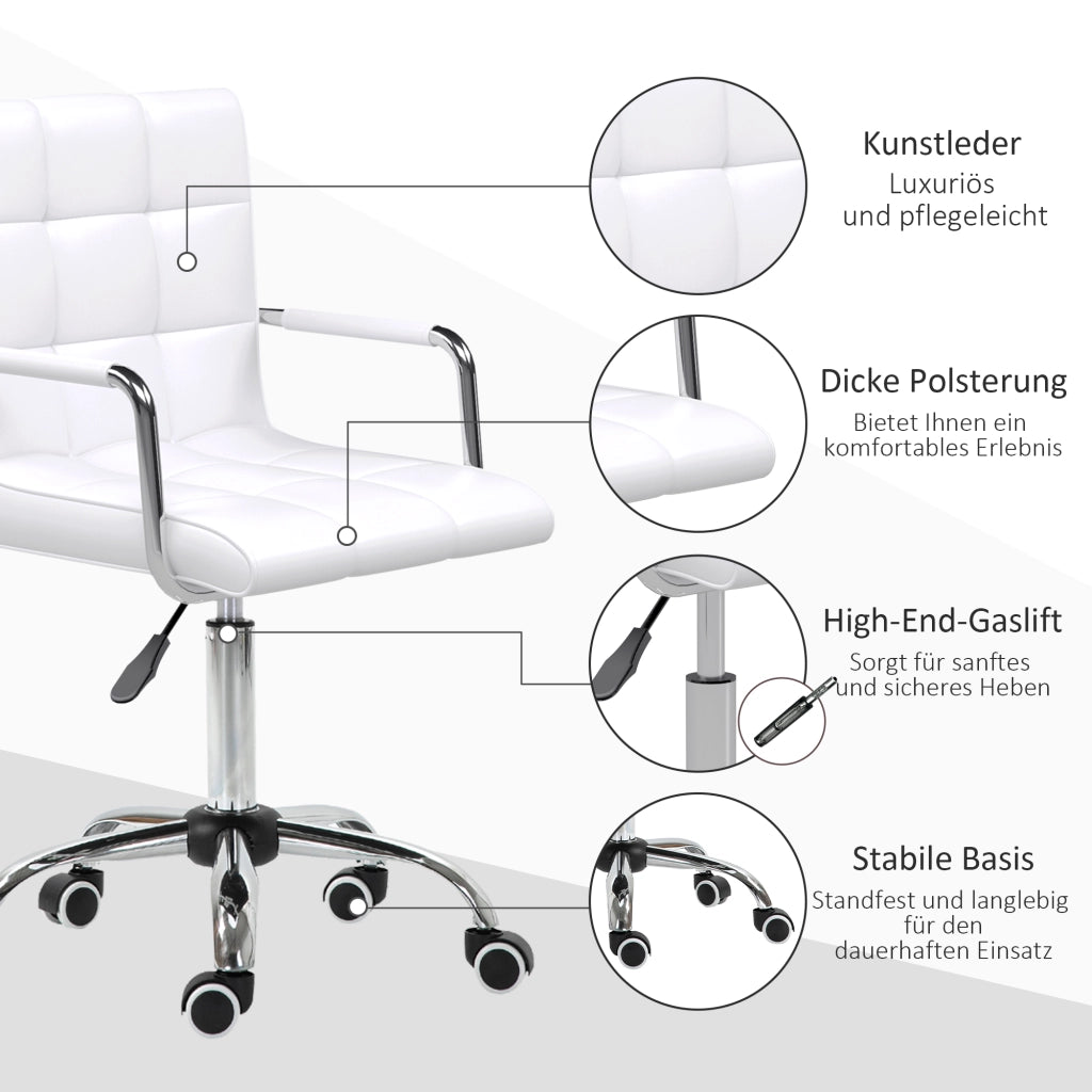 Sedia da ufficio girevole con altezza regolabile; braccioli e imbottitura; rivestimento in PVC bianco; con ruote