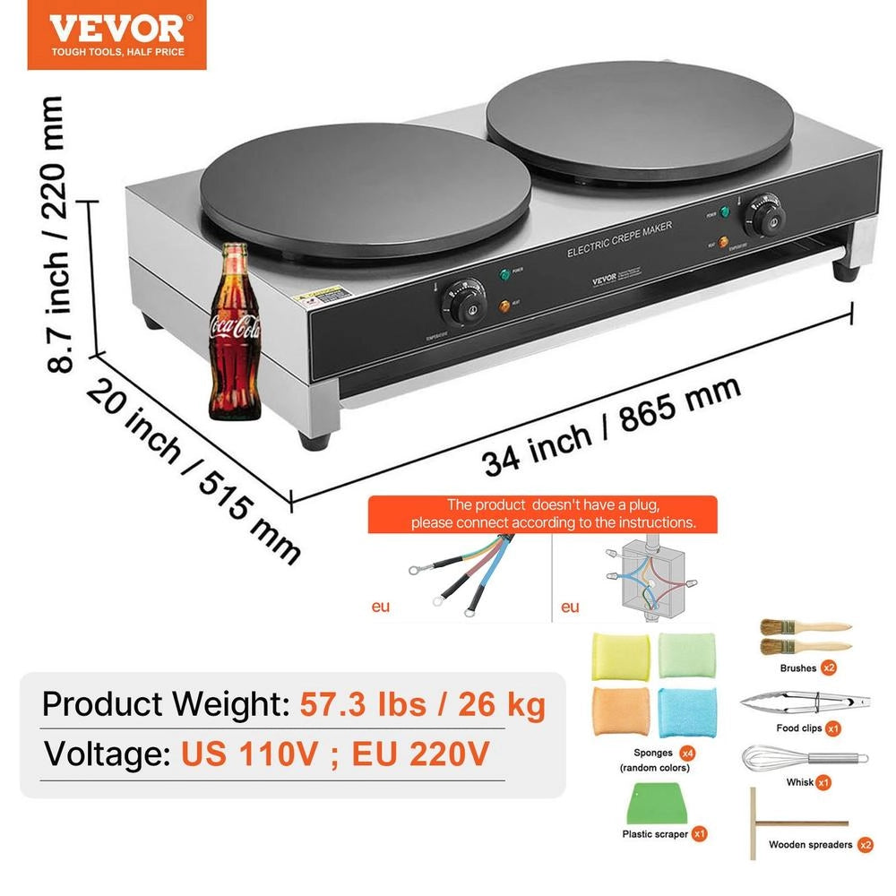 HT-2E Crepiera Elettrica a Doppia Piastra 406 mm in Acciaio Inox, Piastra per Crepes 6000 W Robusta e Facile da Pulire, Fornello Circolare Argento