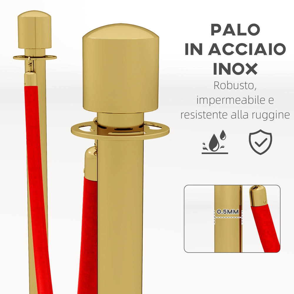 Colonnine Segnapercorso in Acciaio Inox Oro con Corda Rossa 1.5 m, Barriere Delimitatrici con Base Riempibile Ø32x96 cm