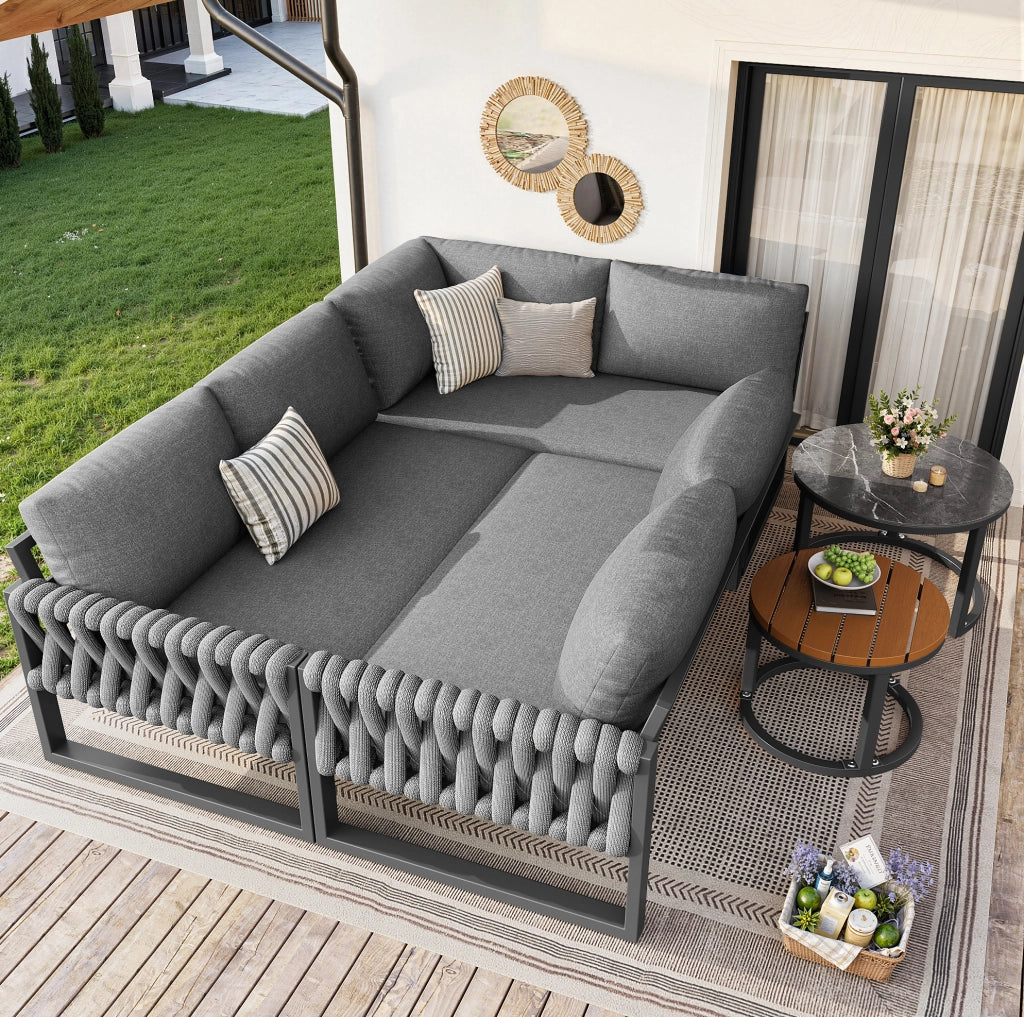 Set lounge da giardino ULEVR modulare grigio con 3 divani, 2 tavolini e cuscini sfoderabili