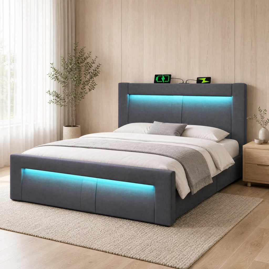 Letto matrimoniale contenitore 140 × 200 cm con LED; USB e Type-C; velluto grigio