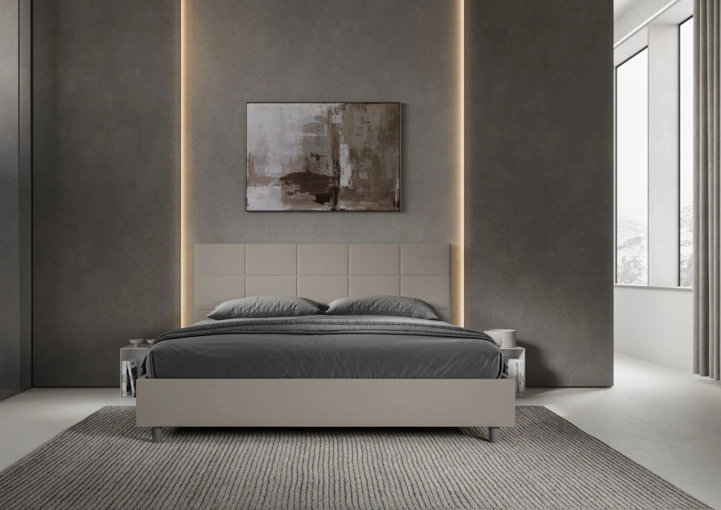 Letto Matrimoniale King Size con Testiera Trapuntata in Similpelle 190x210 Con Rete Mika Tortora