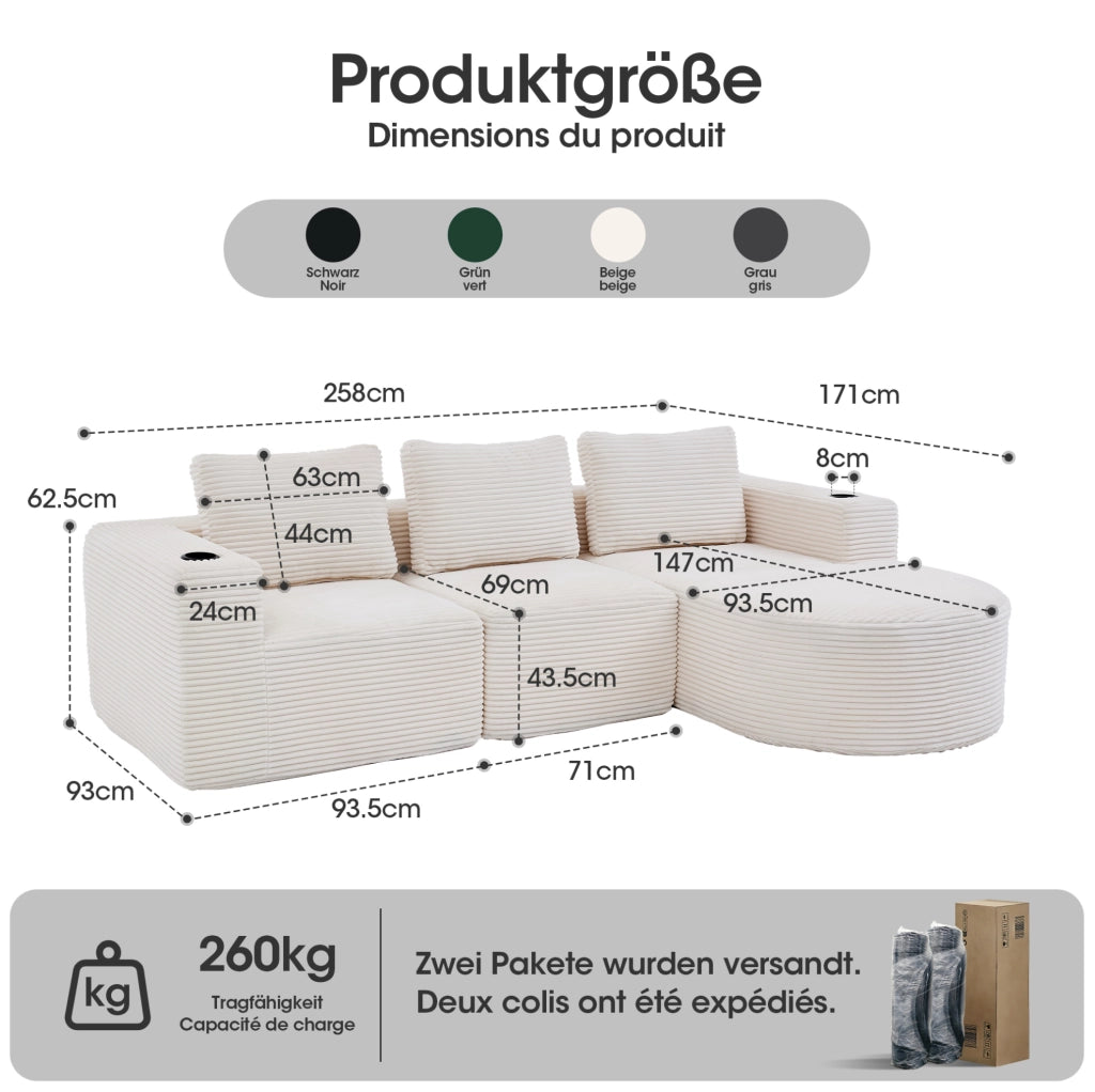 Divano ULEVR beige imbottito in poliestere con 3 cuscini e 2 portabevande