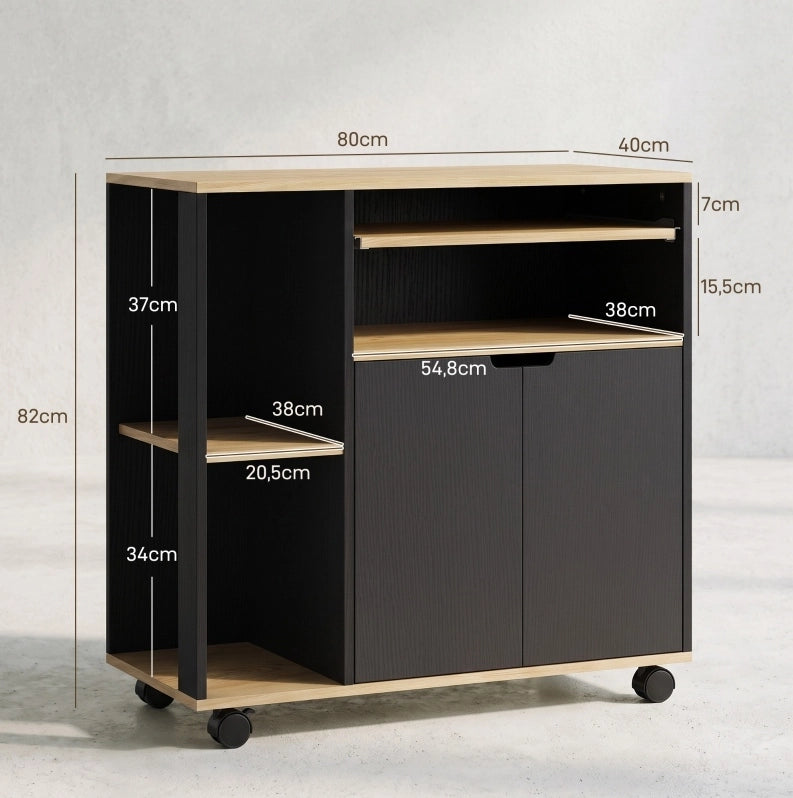 Carrello da cucina mobile con ripiani regolabili, armadietto e vano aperto, 80x40x82 cm, nero