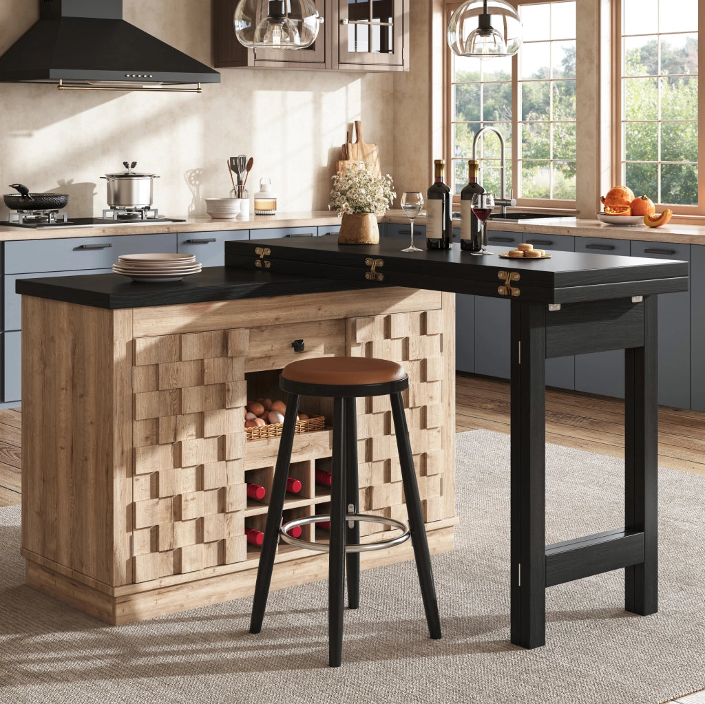 Isola cucina girevole 360° in MDF, 120–197 cm, con portabottiglie