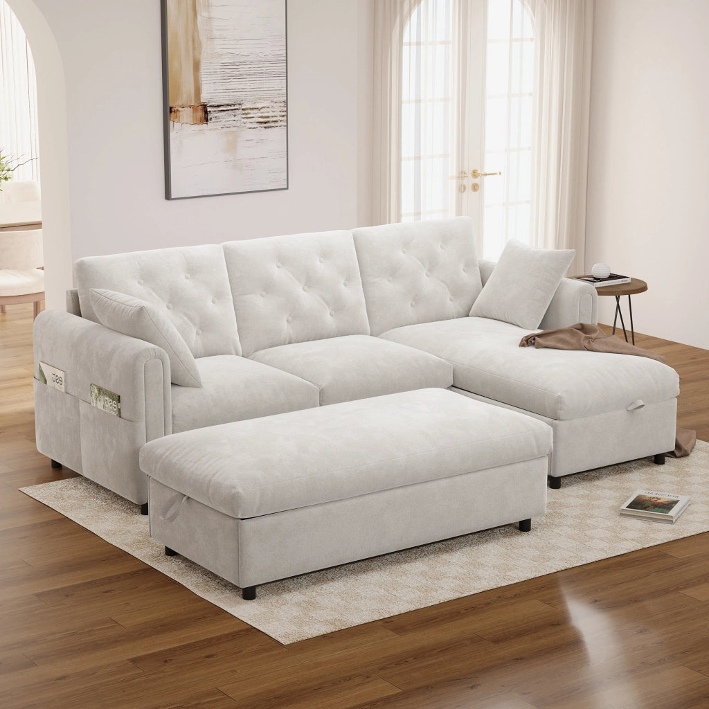Divano 219x131 cm con chaise longue e pouf contenitore; schienale trapuntato; tessuto beige