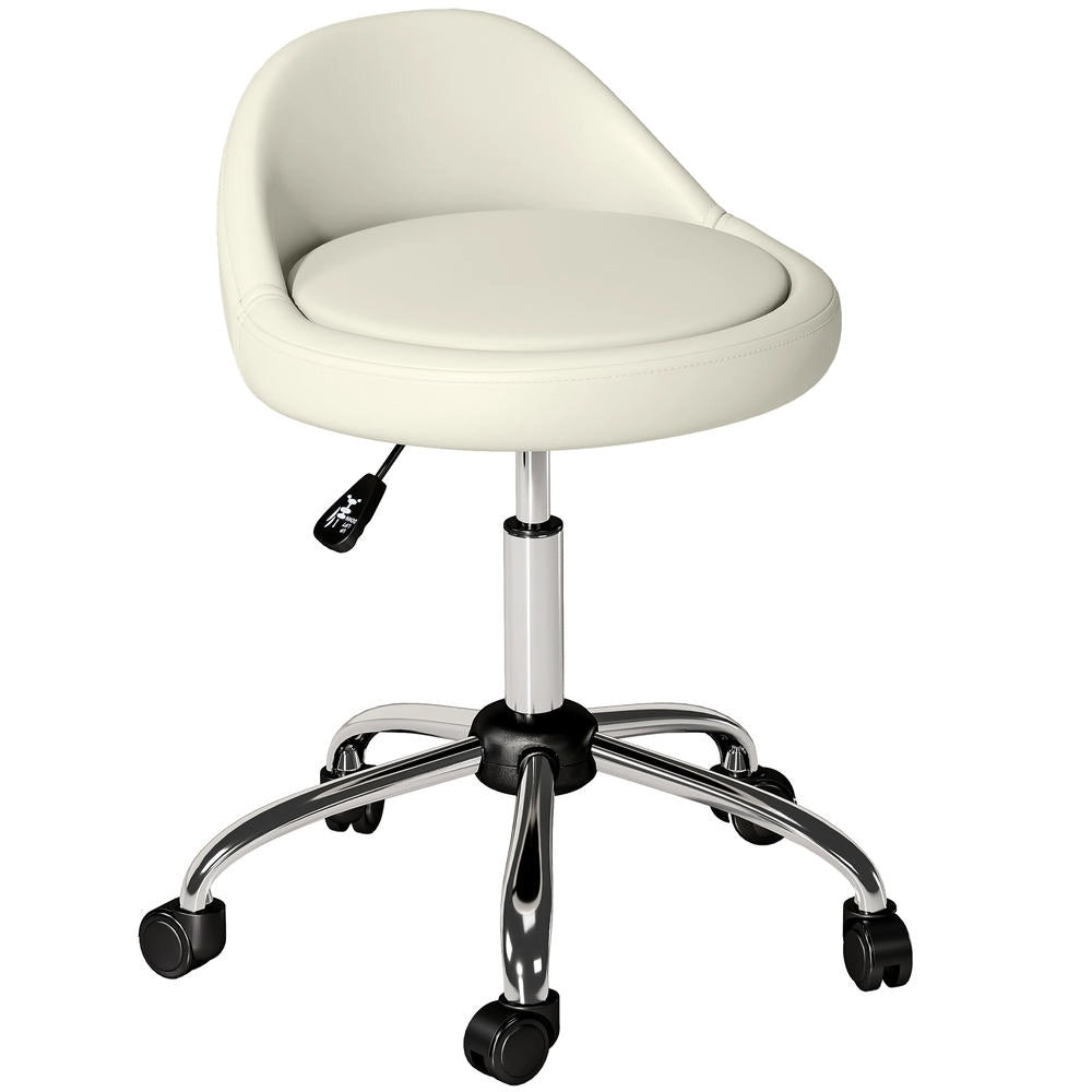 Sgabello da lavoro con ruote girevole 360° regolabile 53-73 cm con schienale rivestimento sintetico bianco per studio officina e casa