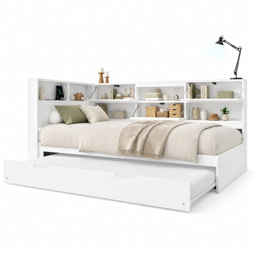 Divano letto 216,5x110,5x88,5 cm estraibile con contenitore, USB e USB-C, in legno bianco per piccoli spazi