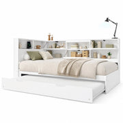 Divano letto 216,5x110,5x88,5 cm estraibile con contenitore, USB e USB-C, in legno bianco per piccoli spazi