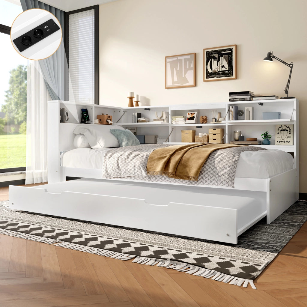 Divano letto 216,5x110,5x88,5 cm estraibile con contenitore, USB e USB-C, in legno bianco per piccoli spazi