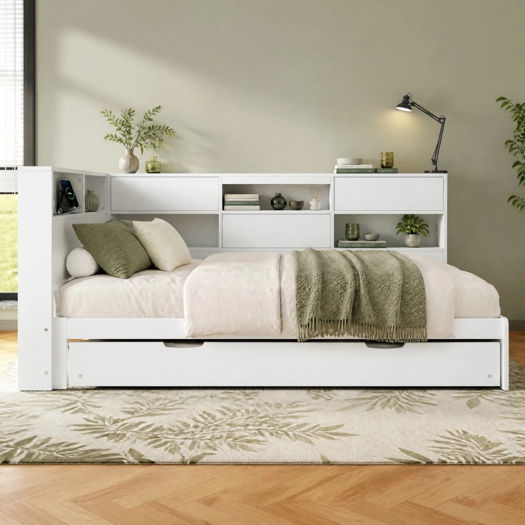Divano letto 216,5x110,5x88,5 cm estraibile con contenitore, USB e USB-C, in legno bianco per piccoli spazi