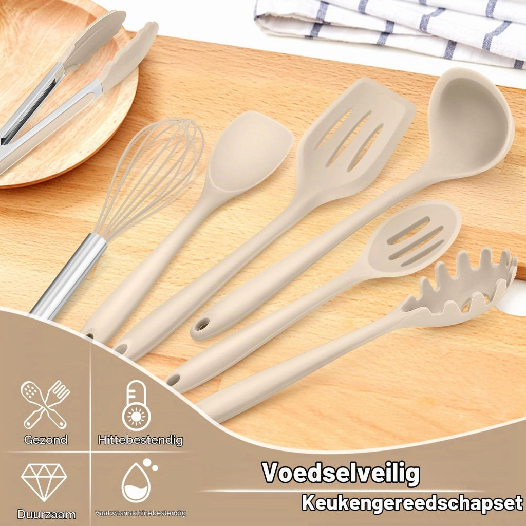 Set di accessori da cucina, 7 pezzi, in silicone, color kaki, antiaderente