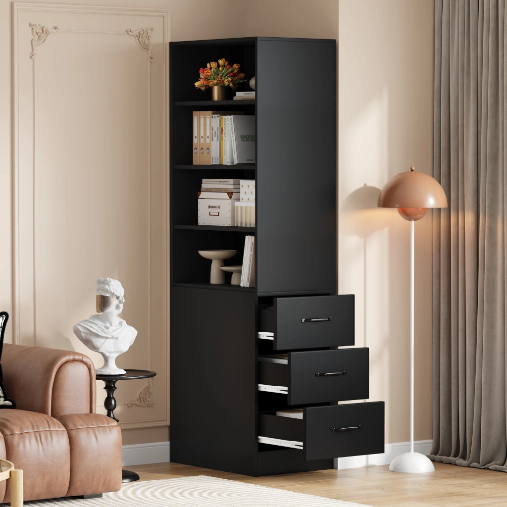 Libreria alta 60x38x180 cm con 3 cassetti laterali e 4 vani regolabili; pannello truciolare nero