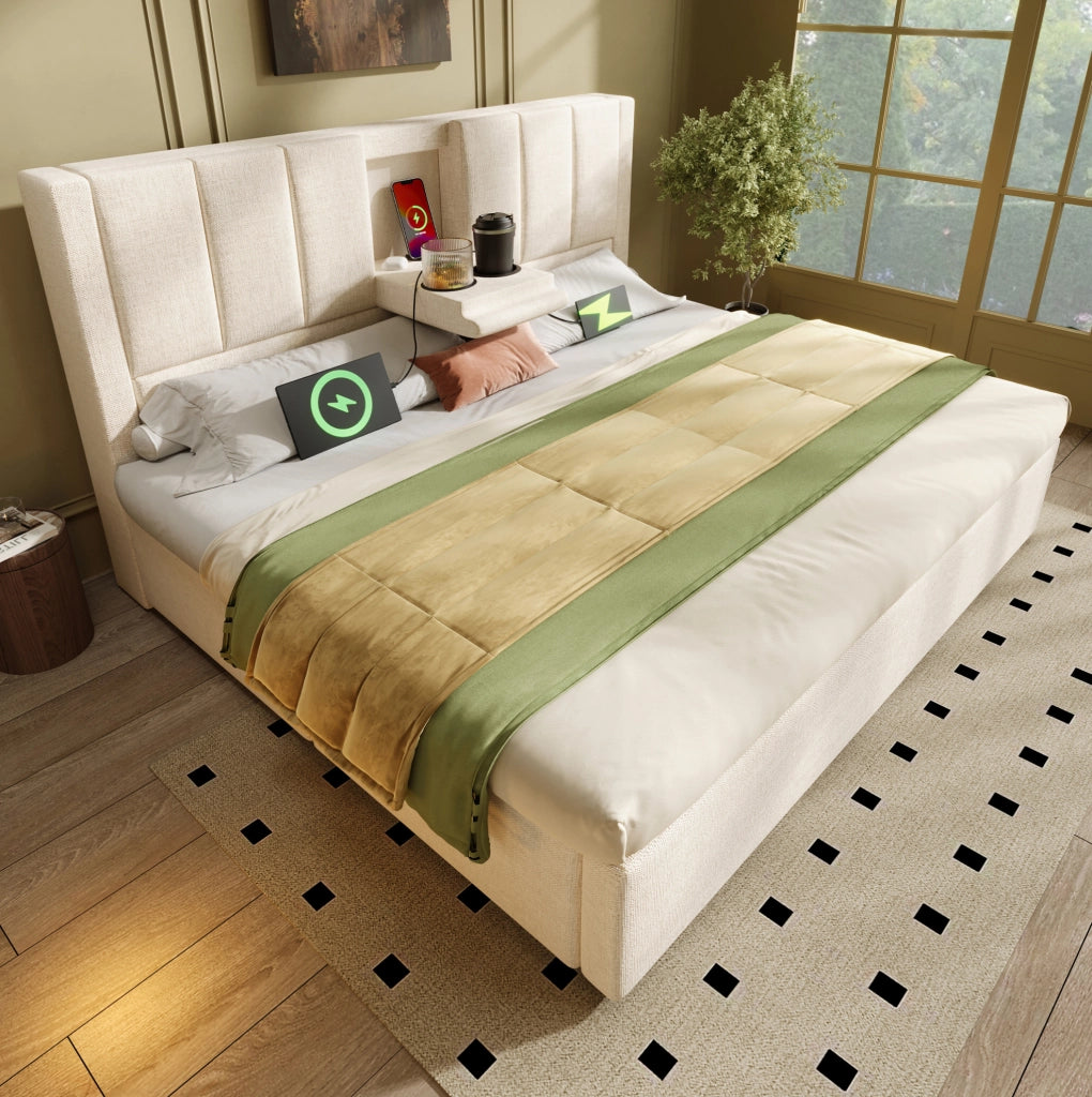 Letto imbottito 140 × 190 cm con contenitore idraulico; USB e Type-C; lino beige