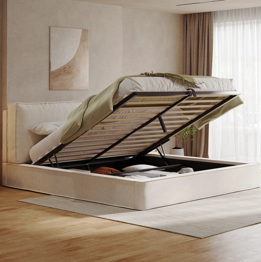 Letto contenitore con sollevamento idraulico; testiera imbottita in ciniglia beige; 231.0 × 194.0 × 105.0 cm